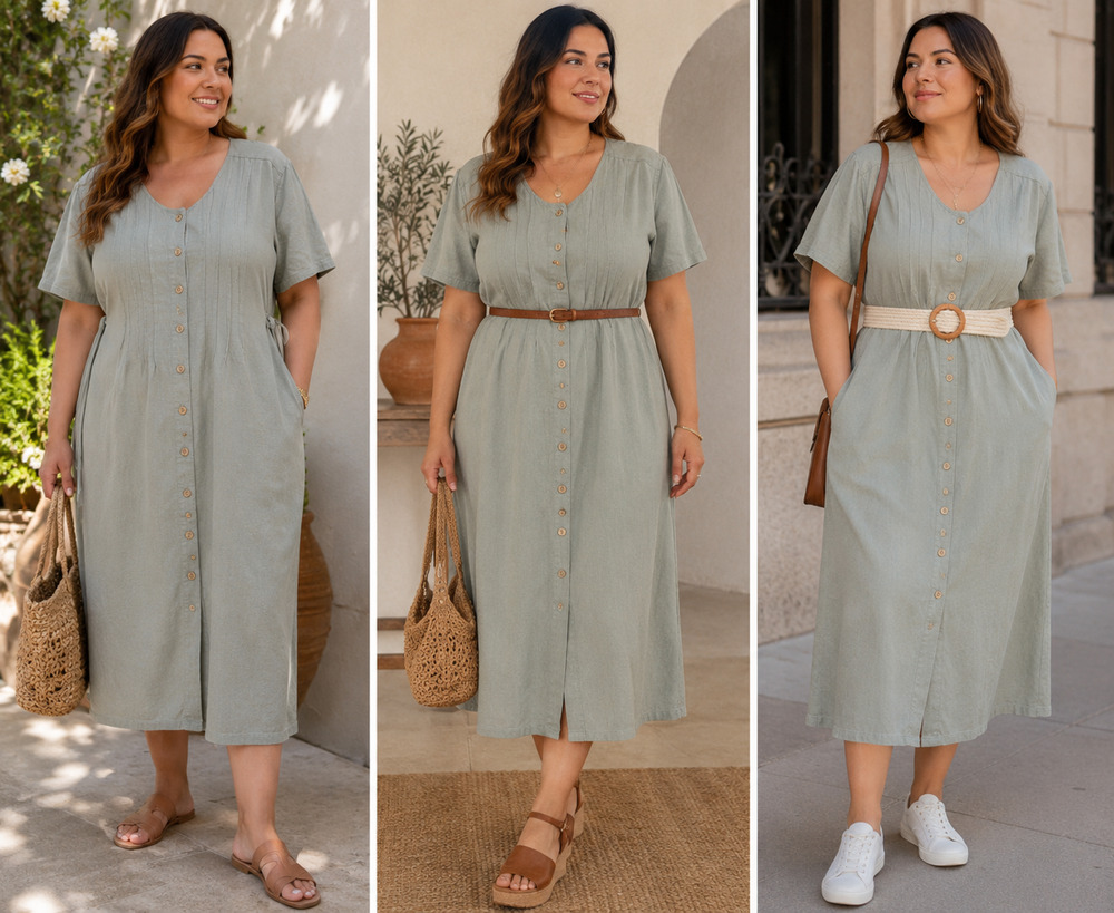 VTG Erika & Company Linen Blend Button Front Midi Dress 1X Sage Pintuck Cottage